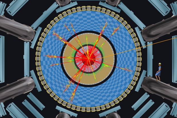 Simulated black hole decay superimposed on ATLAS detector illustration